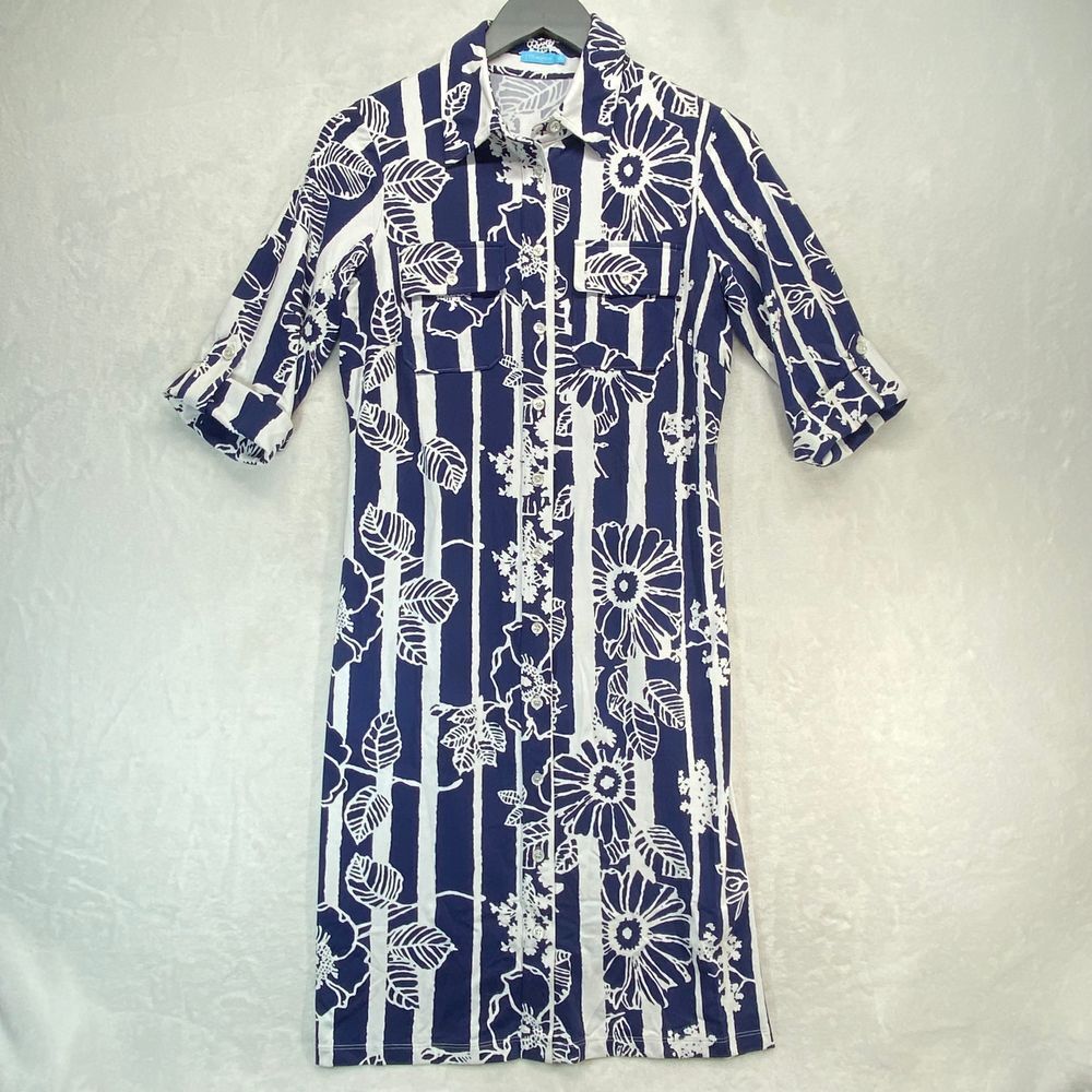 J.‎ McLaughlin Navy White Floral Striped Button Down Shirt Dress XS no belt